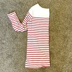 Red and cream striped 3/4 sleeve boat neck shirt